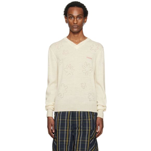 MARNI Sweater Mens Size 50 Off White Pullover VNeck Fine Wool Flowers $895 - Picture 1 of 11